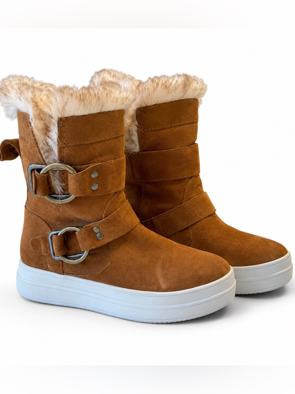 NWOB Nelly J Slides Faux Fur Leather Suede Boots in Cognac Brown Water Resistant